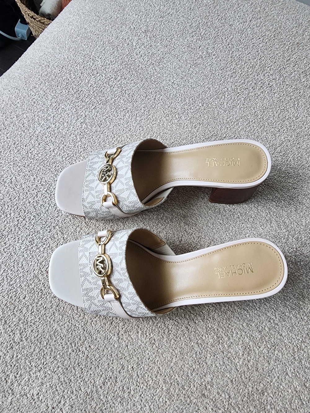 Michael Kors Beige Monogram Slide Sandals with Gold MK Accent - Picture 2 of 3